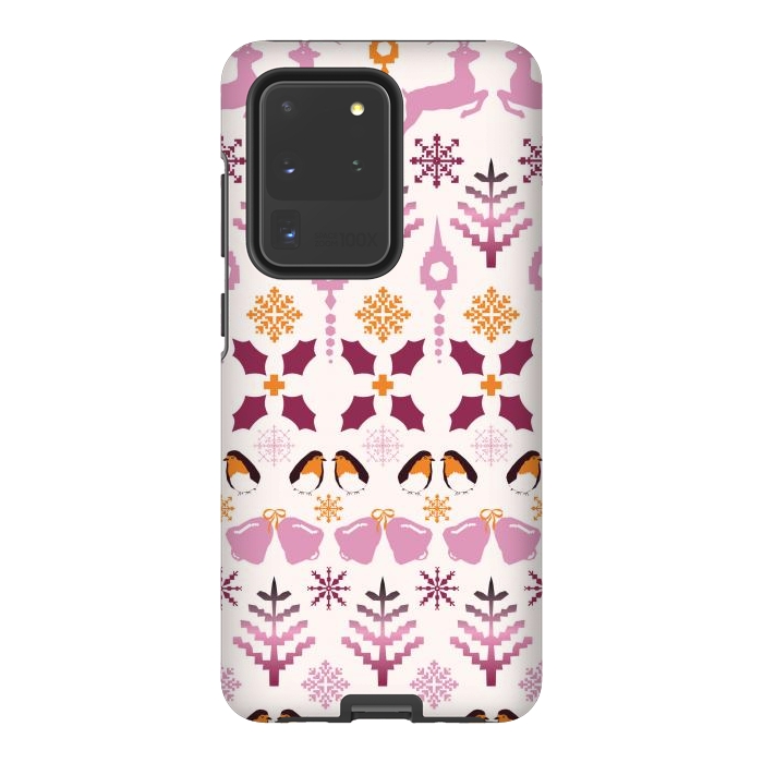 Galaxy S20 Ultra StrongFit Fair Isle Christmas in pink and orange by Paula Ohreen