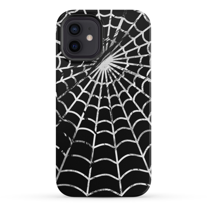 iPhone 12 mini StrongFit Black and white textured brushed spider web - Halloween by Oana 