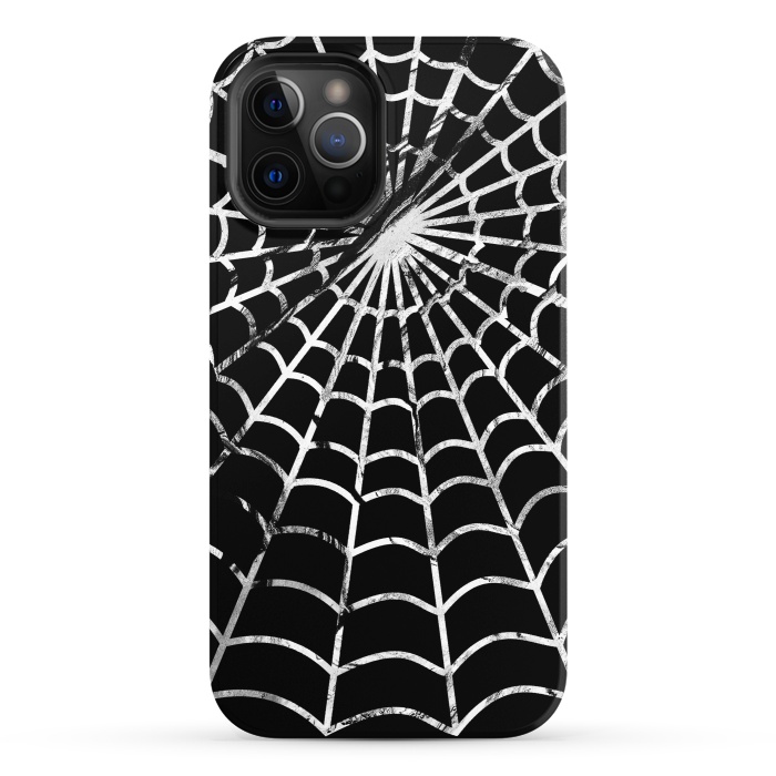 iPhone 12 Pro StrongFit Black and white textured brushed spider web - Halloween by Oana 