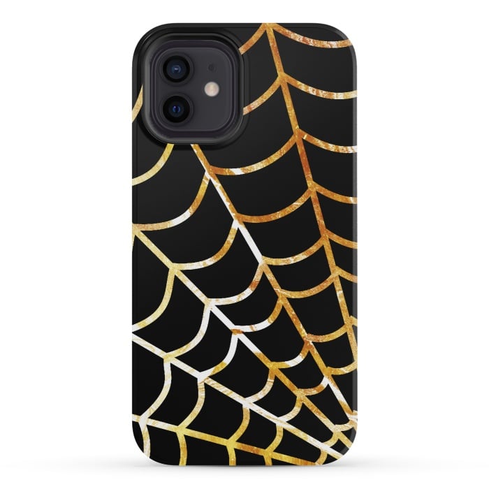 iPhone 12 mini StrongFit Golden spider web on black - line art Halloween illustration by Oana 
