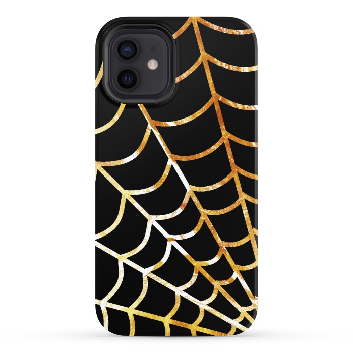 iPhone 12 StrongFit Golden spider web on black - line art Halloween illustration by Oana 