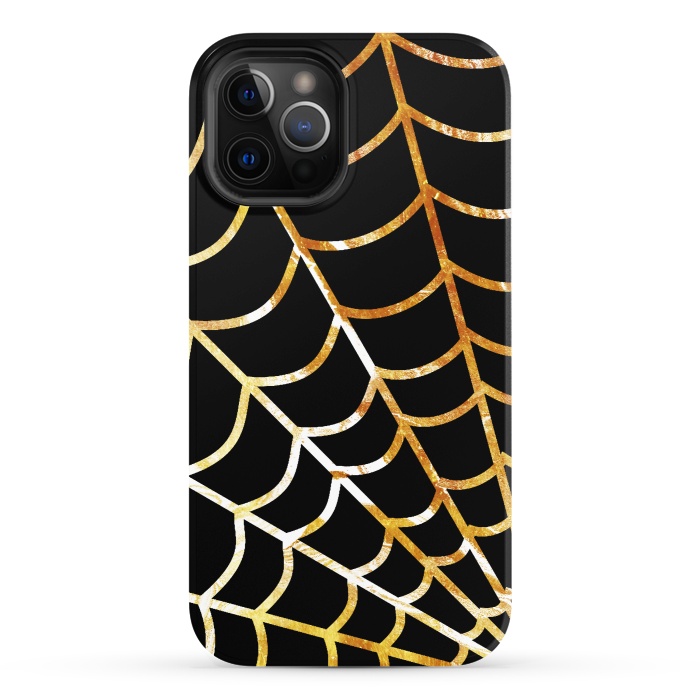 iPhone 12 Pro StrongFit Golden spider web on black - line art Halloween illustration by Oana 