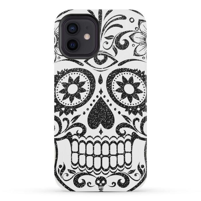 iPhone 12 mini StrongFit Black glitter decorated floral sugar skull - Halloween by Oana 