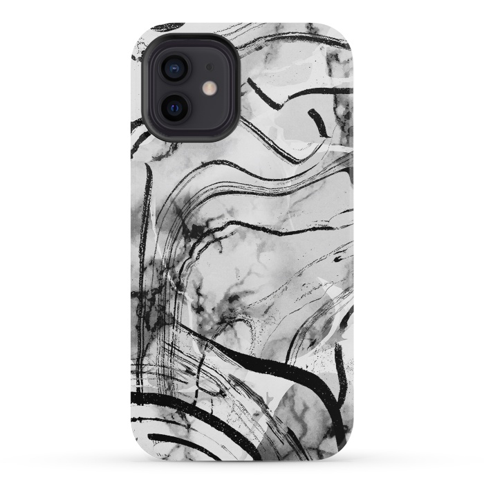 iPhone 12 mini StrongFit Minimal white gray marble with black ink brushstroke stripes by Oana 