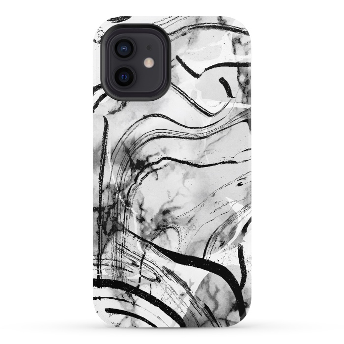 iPhone 12 StrongFit Minimal white gray marble with black ink brushstroke stripes by Oana 