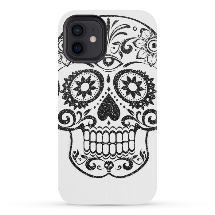 iPhone 12 mini StrongFit Day of the Dead floral black glitter sugar skull by Oana 