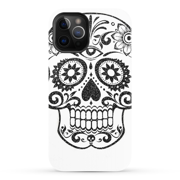 iPhone 12 Pro StrongFit Day of the Dead floral black glitter sugar skull by Oana 