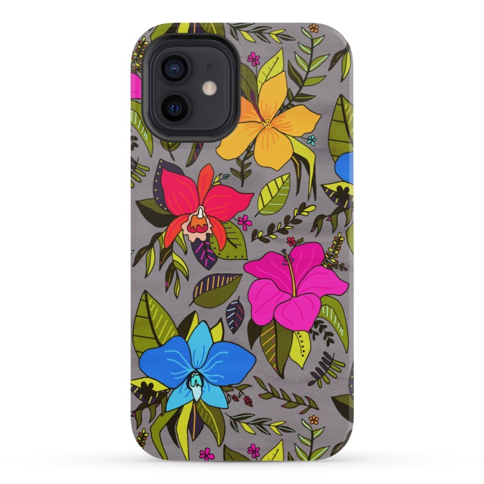 iPhone 12 mini StrongFit Tropical Floral On Grey  by Tigatiga