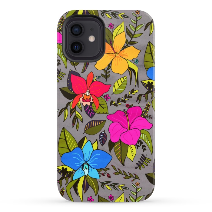 iPhone 12 StrongFit Tropical Floral On Grey  by Tigatiga