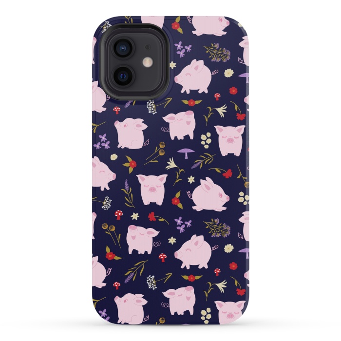iPhone 12 mini StrongFit Cute Pigs Dancing Around Floral Motif by Portia Monberg