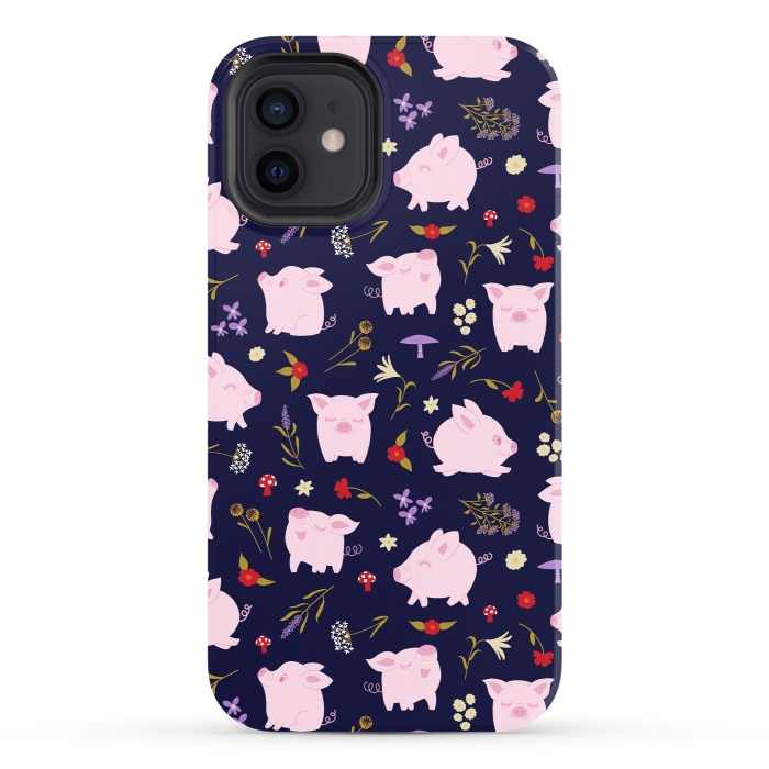 iPhone 12 StrongFit Cute Pigs Dancing Around Floral Motif by Portia Monberg