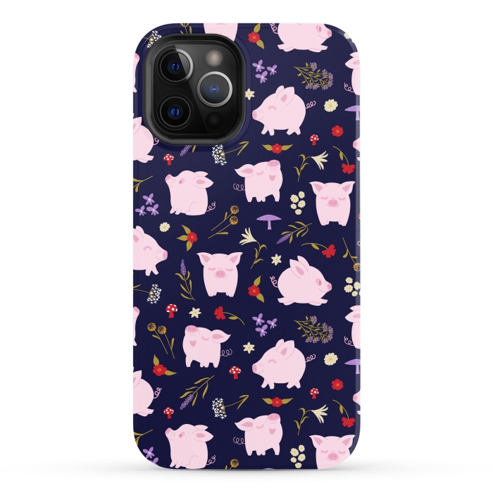 iPhone 12 Pro StrongFit Cute Pigs Dancing Around Floral Motif by Portia Monberg