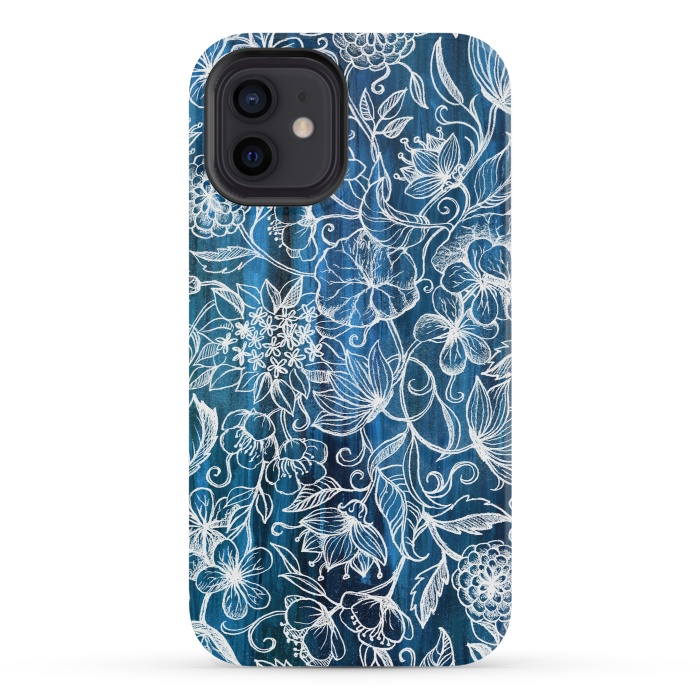iPhone 12 mini StrongFit In Her Garden - white floral drawing on blue by Micklyn Le Feuvre