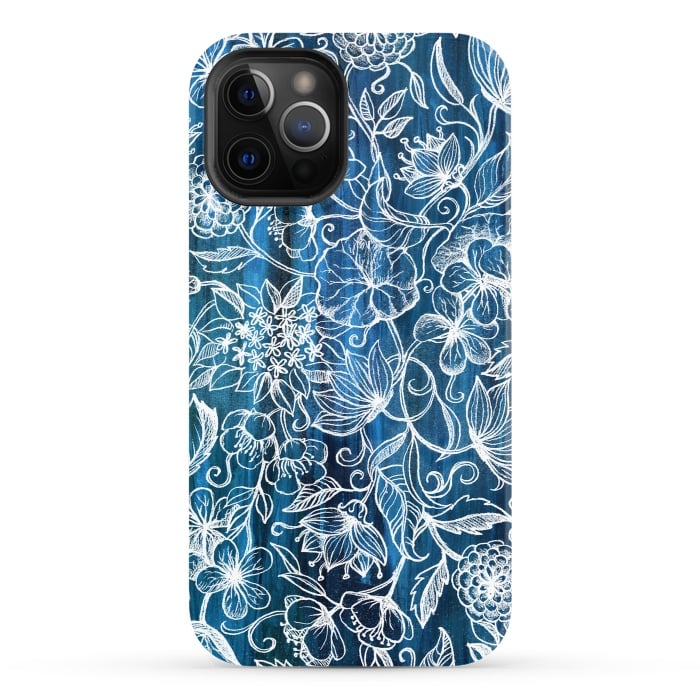 iPhone 12 Pro StrongFit In Her Garden - white floral drawing on blue by Micklyn Le Feuvre