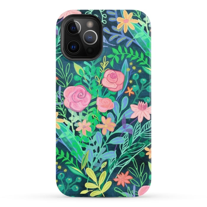 iPhone 12 Pro StrongFit Bright Floral Posie on Dark Green by Micklyn Le Feuvre