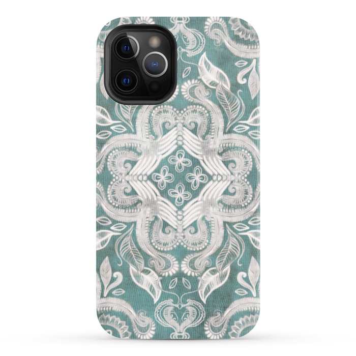 iPhone 12 Pro StrongFit Dirty Denim Boho Pattern in Teal and Grey by Micklyn Le Feuvre