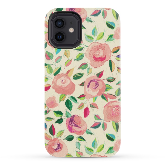 iPhone 12 mini StrongFit Pink and Peach Rose Pattern in Pastels by Micklyn Le Feuvre