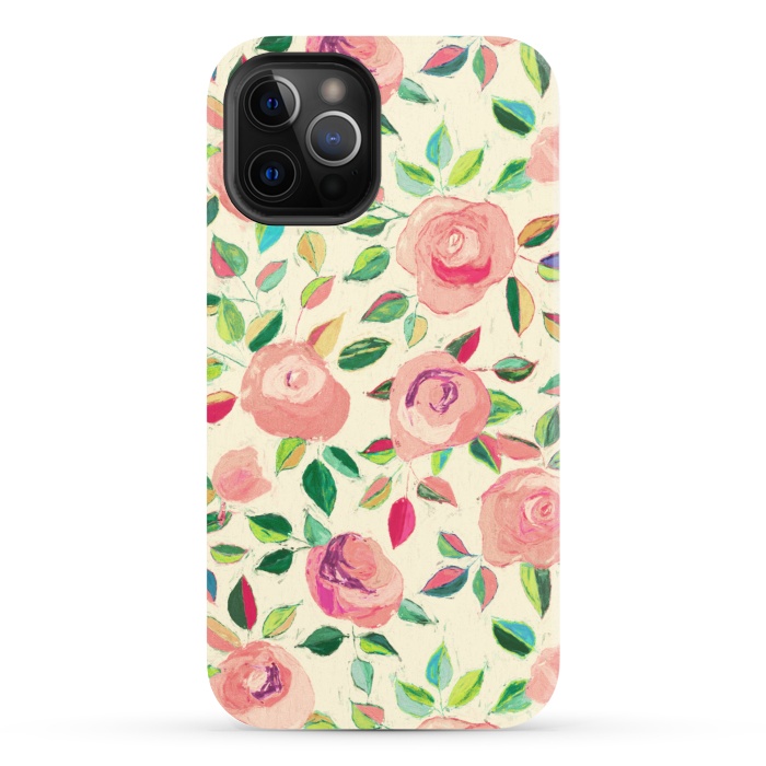 iPhone 12 Pro StrongFit Pink and Peach Rose Pattern in Pastels by Micklyn Le Feuvre