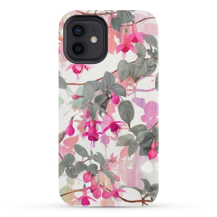 iPhone 12 StrongFit Painted Fuchsia Floral in Pink and Grey  by Micklyn Le Feuvre