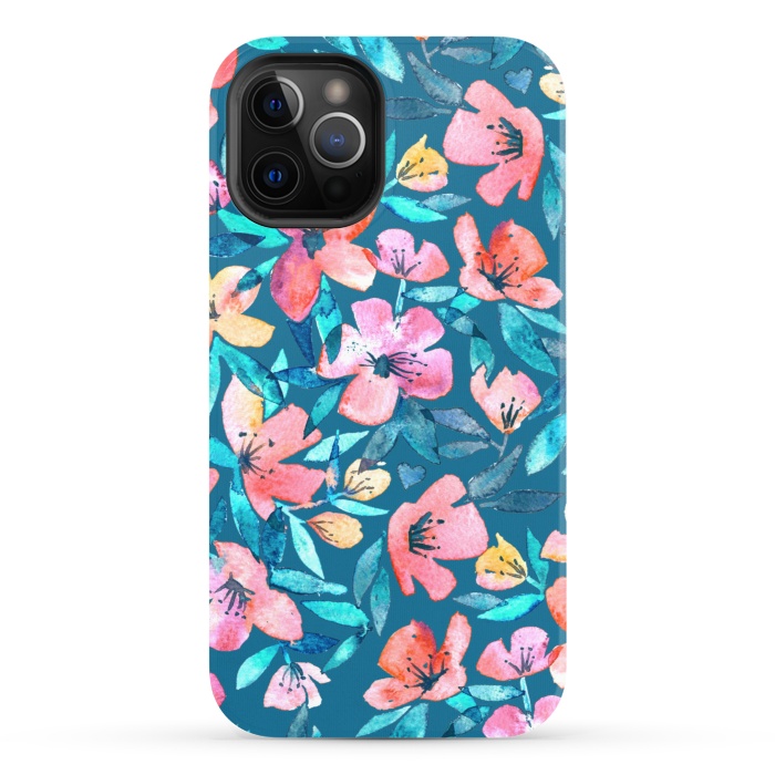 iPhone 12 Pro StrongFit Fresh Watercolor Floral on Teal Blue by Micklyn Le Feuvre
