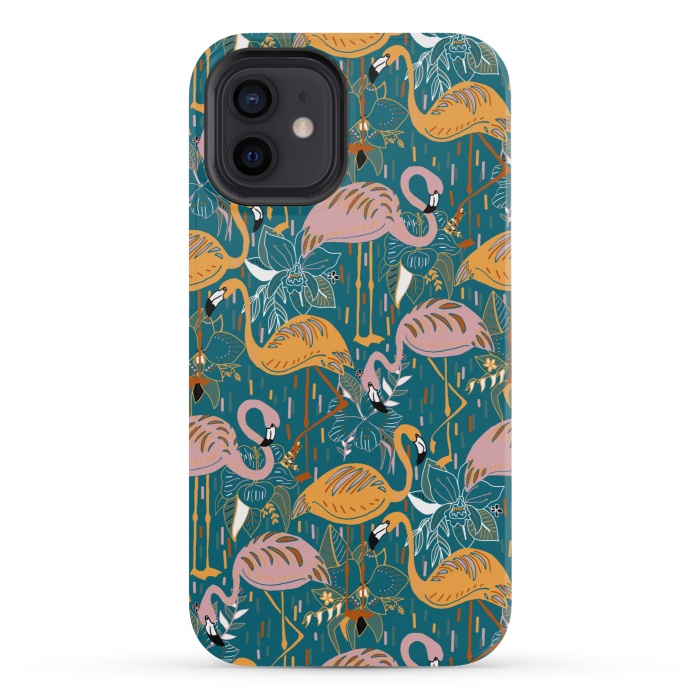 iPhone 12 mini StrongFit Flamingos On Blue  by Tigatiga