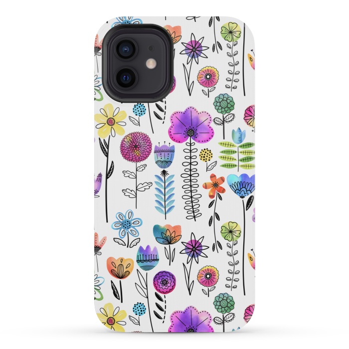 iPhone 12 mini StrongFit Bright Watercolor and Line Art Flowers by Noonday Design