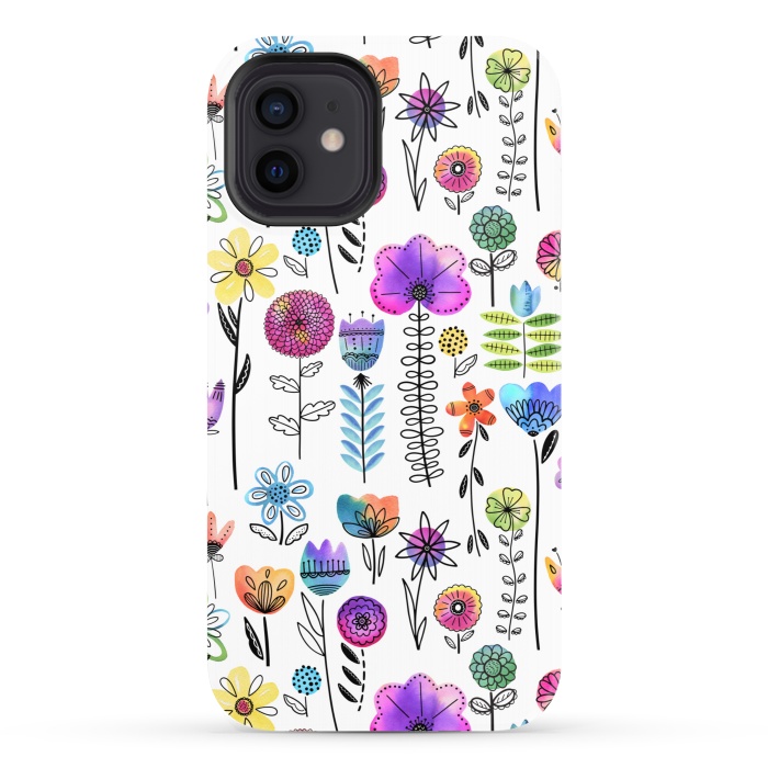 iPhone 12 StrongFit Bright Watercolor and Line Art Flowers by Noonday Design
