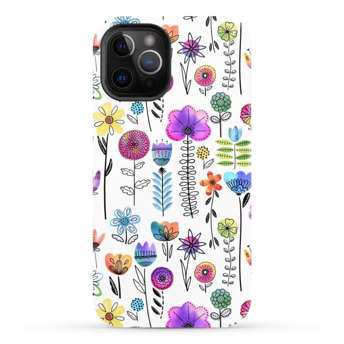 iPhone 12 Pro StrongFit Bright Watercolor and Line Art Flowers by Noonday Design