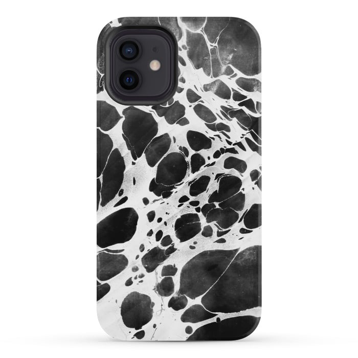 iPhone 12 mini StrongFit Dark marble with white bubble ink lines by Oana 