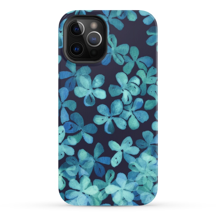 iPhone 12 Pro StrongFit Hand Painted Floral Pattern in Teal & Navy Blue by Micklyn Le Feuvre
