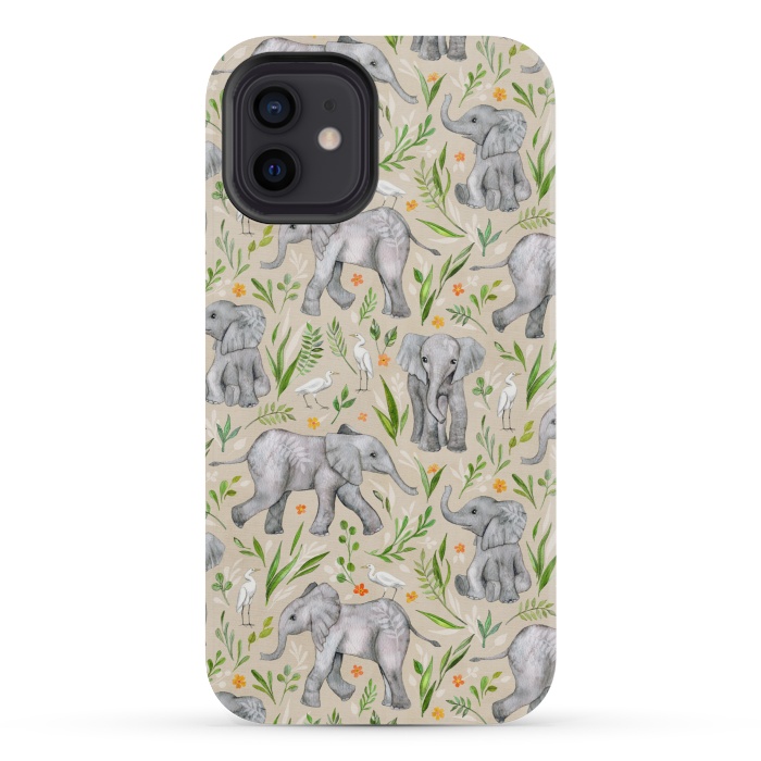 iPhone 12 mini StrongFit Little Watercolor Elephants and Egrets on Neutral Cream by Micklyn Le Feuvre