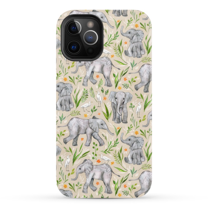 iPhone 12 Pro StrongFit Little Watercolor Elephants and Egrets on Neutral Cream by Micklyn Le Feuvre