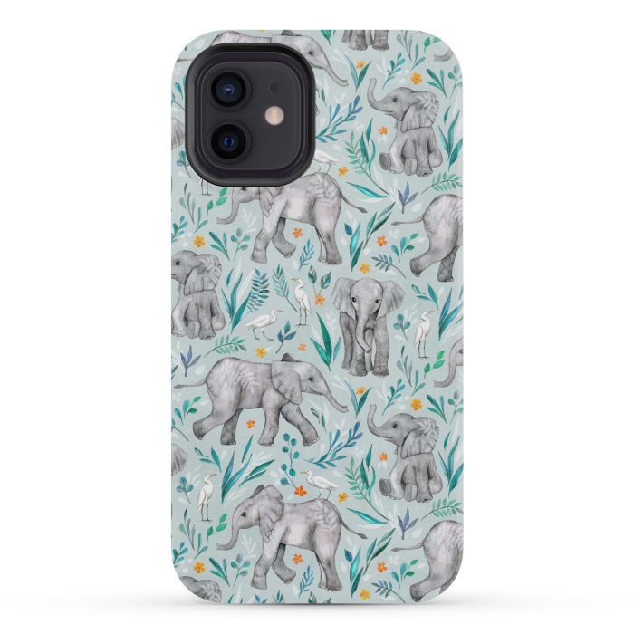 iPhone 12 mini StrongFit Little Watercolor Elephants and Egrets on Light Blue by Micklyn Le Feuvre