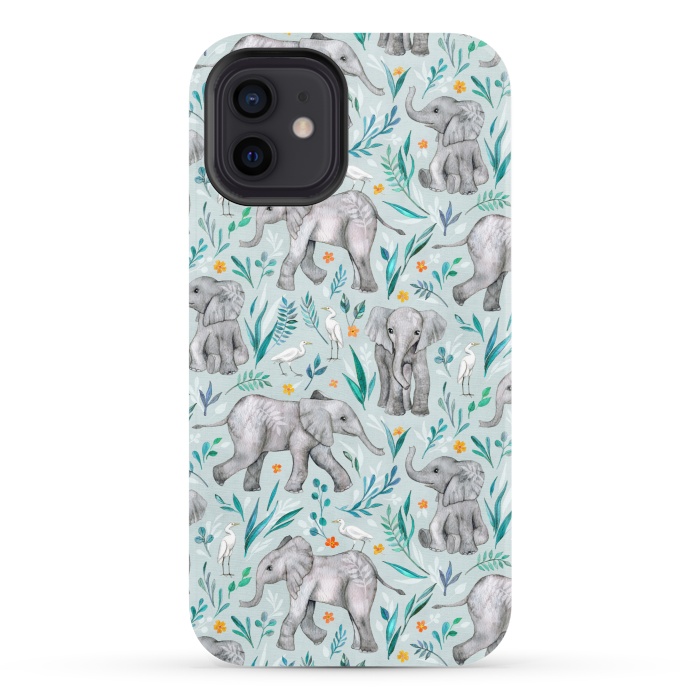 iPhone 12 StrongFit Little Watercolor Elephants and Egrets on Light Blue by Micklyn Le Feuvre