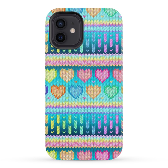 iPhone 12 mini StrongFit Cozy Knit with Rainbow Hearts on Teal Blue by Micklyn Le Feuvre