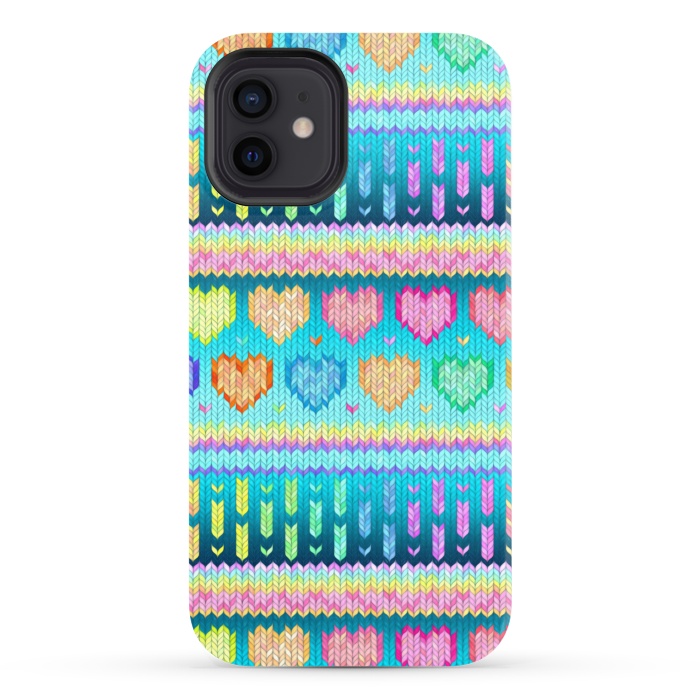 iPhone 12 StrongFit Cozy Knit with Rainbow Hearts on Teal Blue by Micklyn Le Feuvre