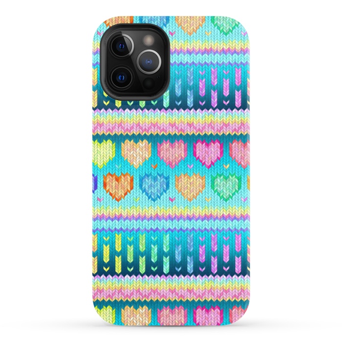 iPhone 12 Pro StrongFit Cozy Knit with Rainbow Hearts on Teal Blue by Micklyn Le Feuvre