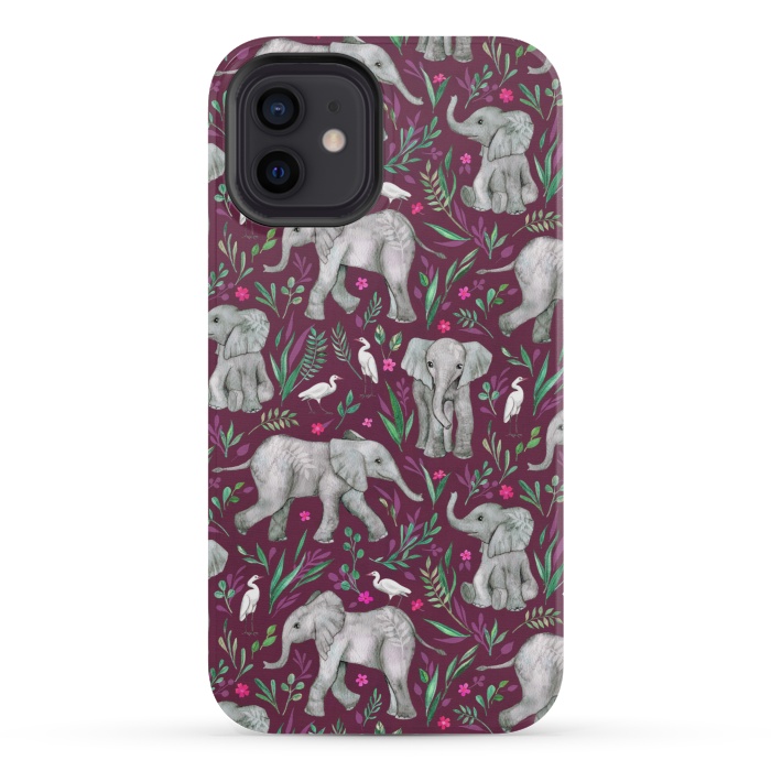 iPhone 12 mini StrongFit Little Watercolor Elephants and Egrets on Burgundy Red by Micklyn Le Feuvre