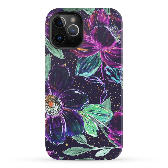 iPhone 12 Pro StrongFit Whimsical hand paint floral and golden confetti design by InovArts