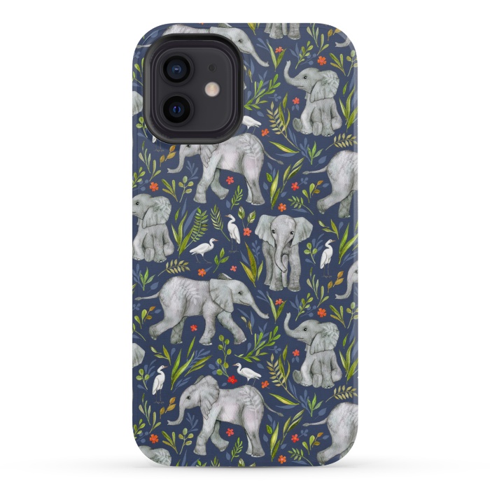iPhone 12 mini StrongFit Little Watercolor Elephants and Egrets on Navy Blue by Micklyn Le Feuvre