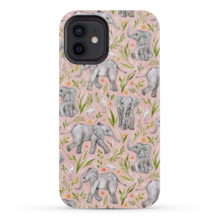 iPhone 12 mini StrongFit Little Watercolor Elephants and Egrets on Blush Pink  by Micklyn Le Feuvre