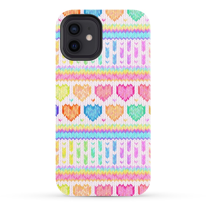 iPhone 12 StrongFit Cozy Knit with Rainbow Hearts on Off White by Micklyn Le Feuvre