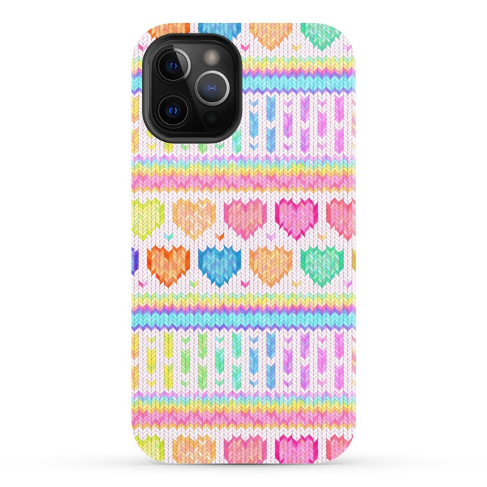 iPhone 12 Pro StrongFit Cozy Knit with Rainbow Hearts on Off White by Micklyn Le Feuvre