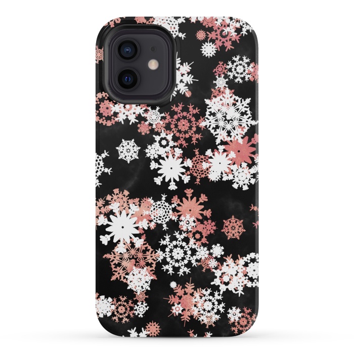 iPhone 12 mini StrongFit Rose gold and white snowflakes on black background by Oana 
