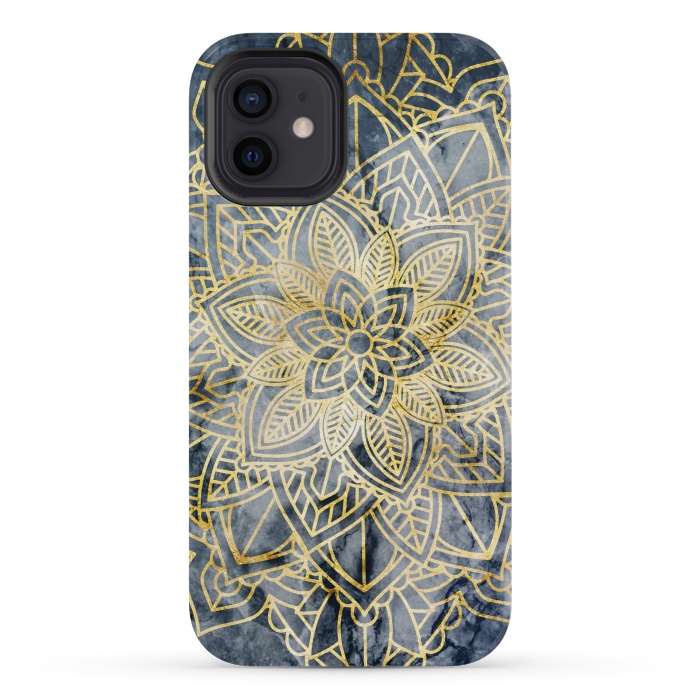 iPhone 12 mini StrongFit Golden flower mandala on dark blue marble by Oana 