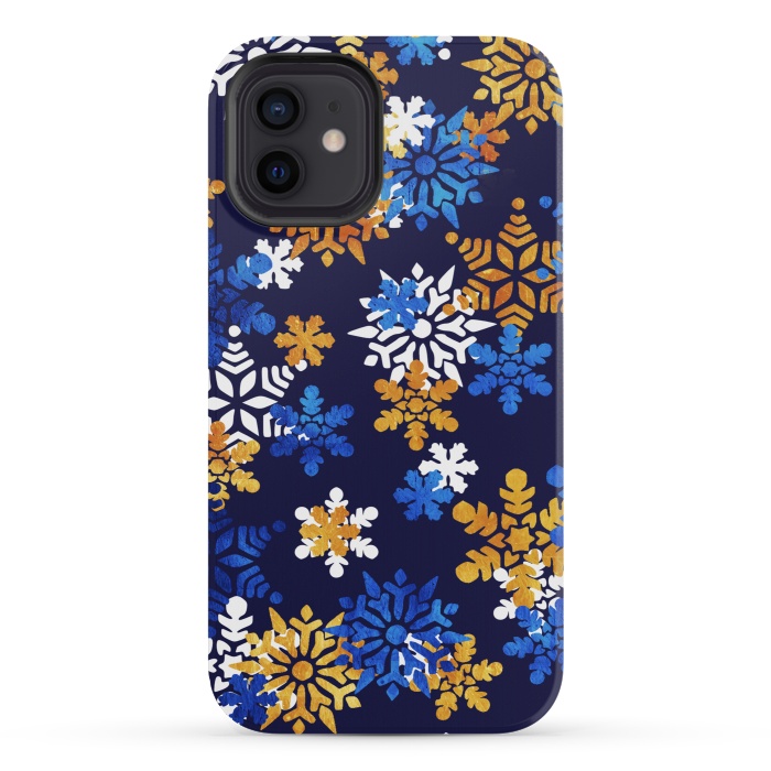 iPhone 12 mini StrongFit Blue, gold, white snowflakes by Oana 
