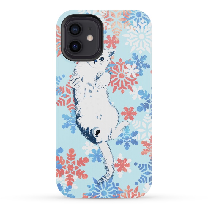 iPhone 12 mini StrongFit White cat and blue white gold snowflakes by Oana 