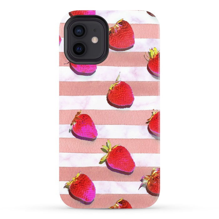 iPhone 12 StrongFit strawberries on watercolor painted stripes by Oana 