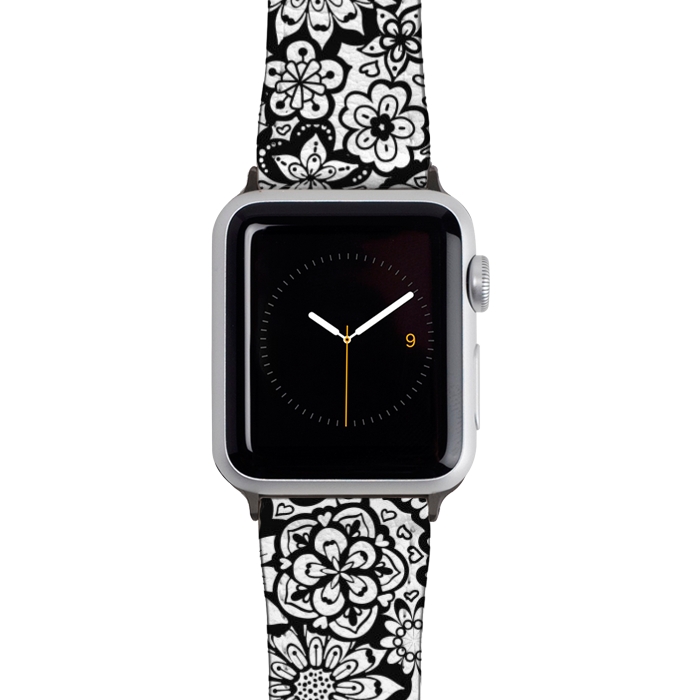 Watch 42mm / 44mm Strap PU leather Beautiful Bouquet of Blooms-Black and White by Paula Ohreen