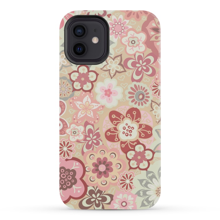 iPhone 12 mini StrongFit Beautiful Bouquet of Blooms-Beige and Pink by Paula Ohreen